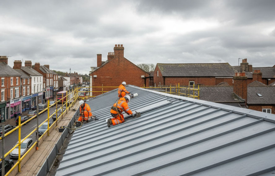 workers working on a commercial roof repair in Tonbridge Kent
