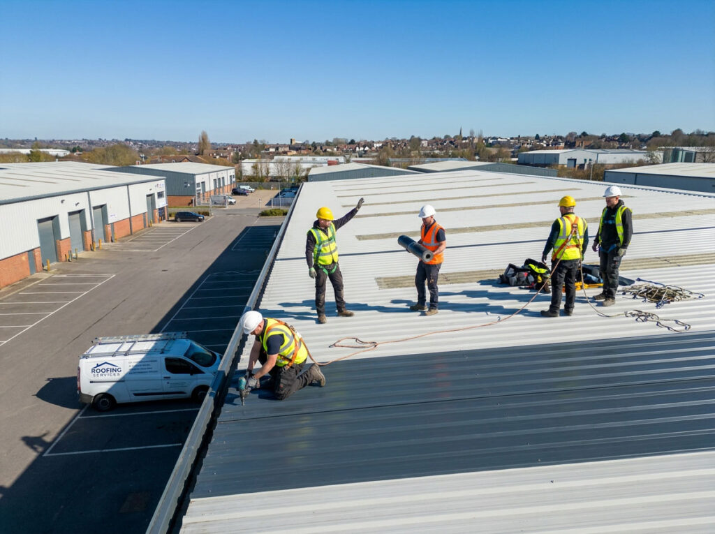 Roofing specialists working on a large industrial metal roof in Kent