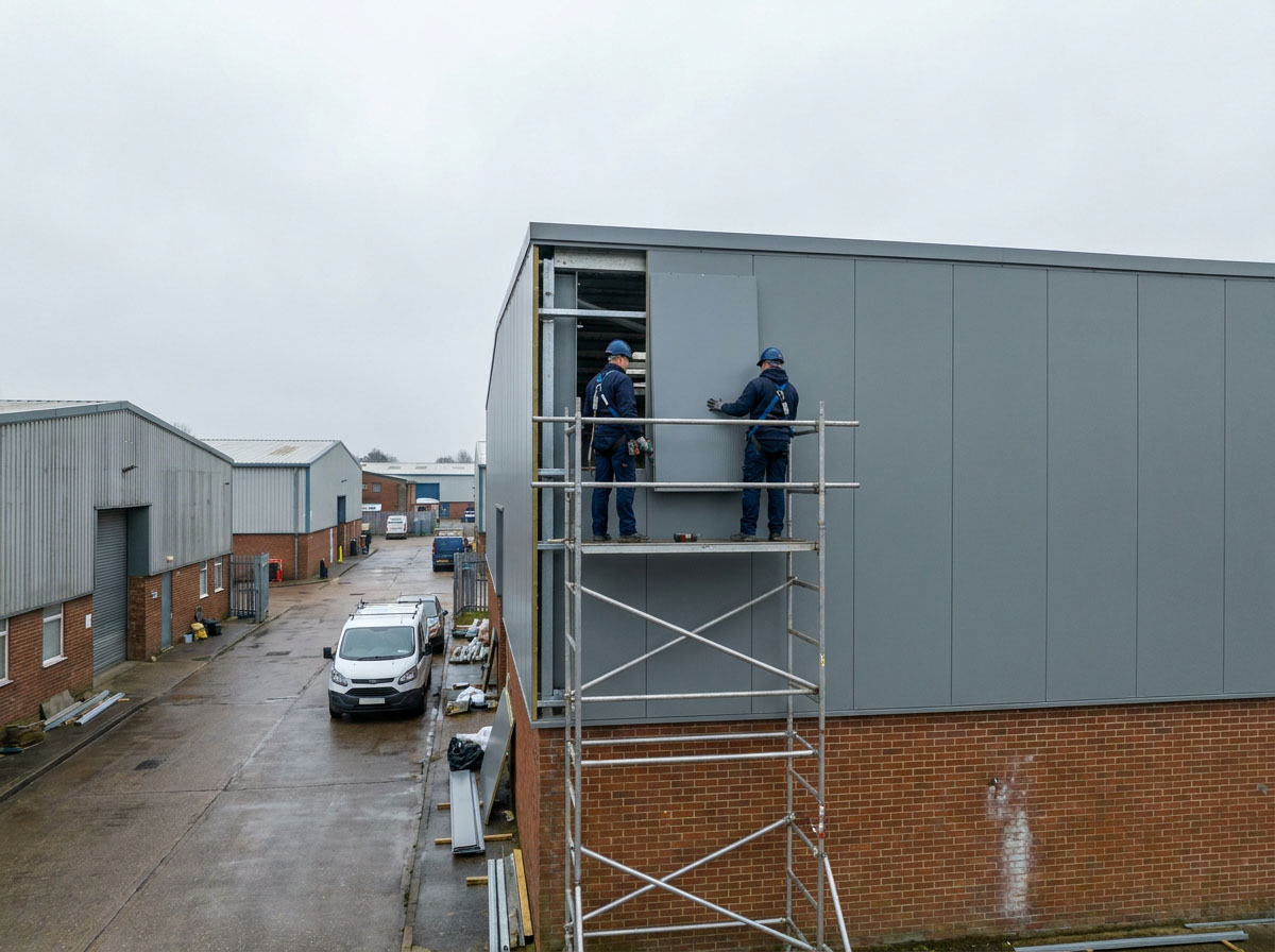 Industrial Cladding Contractors Aylesford Industrial cladding contractors installing profiled metal cladding on a warehouse in Kent
