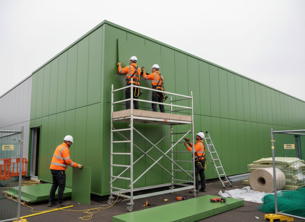 Commercial cladding contractors installing metal panels on a warehouse in Kent