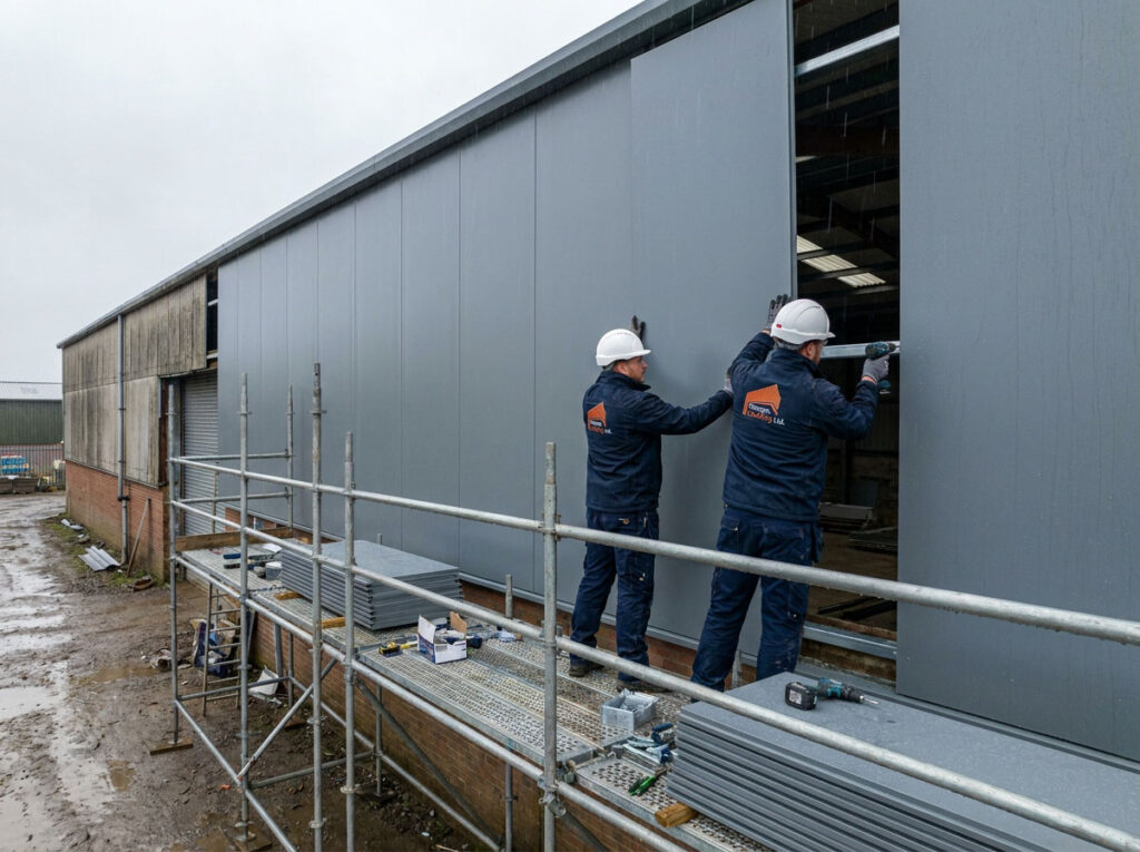 Workers fitting commercial cladding to a large business premises in Kent