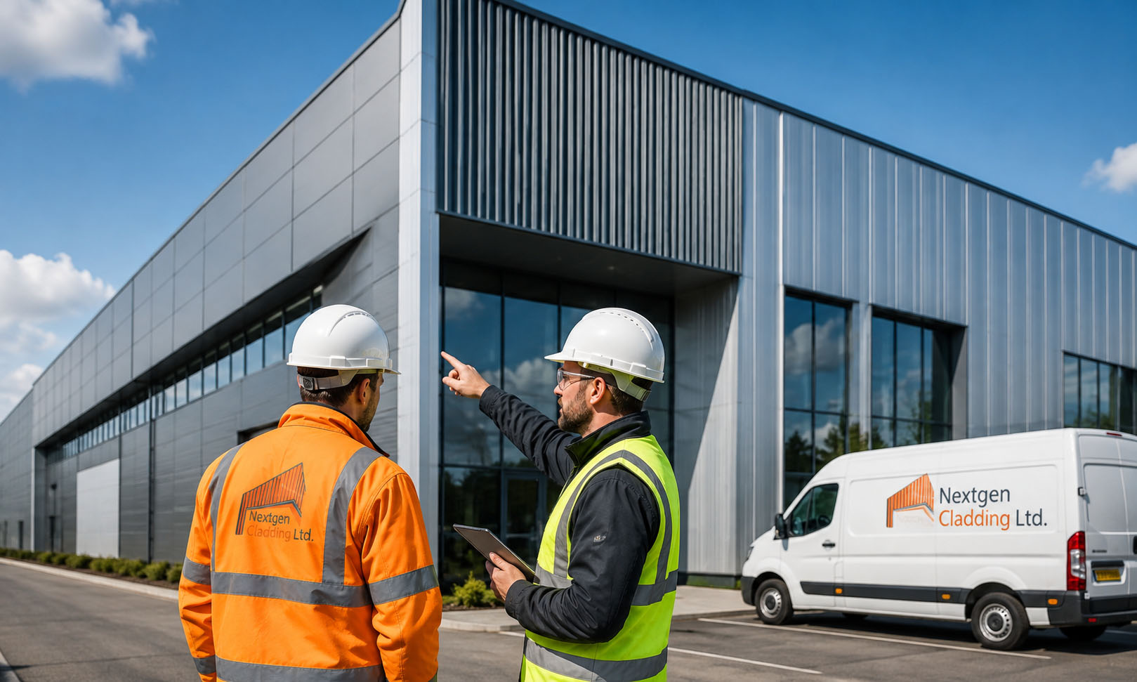 commercial-cladding-contractors-kent NextGen Cladding commercial cladding contractors inspecting a large industrial building in Kent