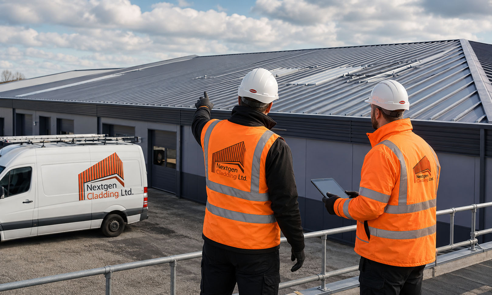 commercial-roofing-contractors-kent NextGen Cladding commercial roofing contractors inspecting a large metal roof in Kent