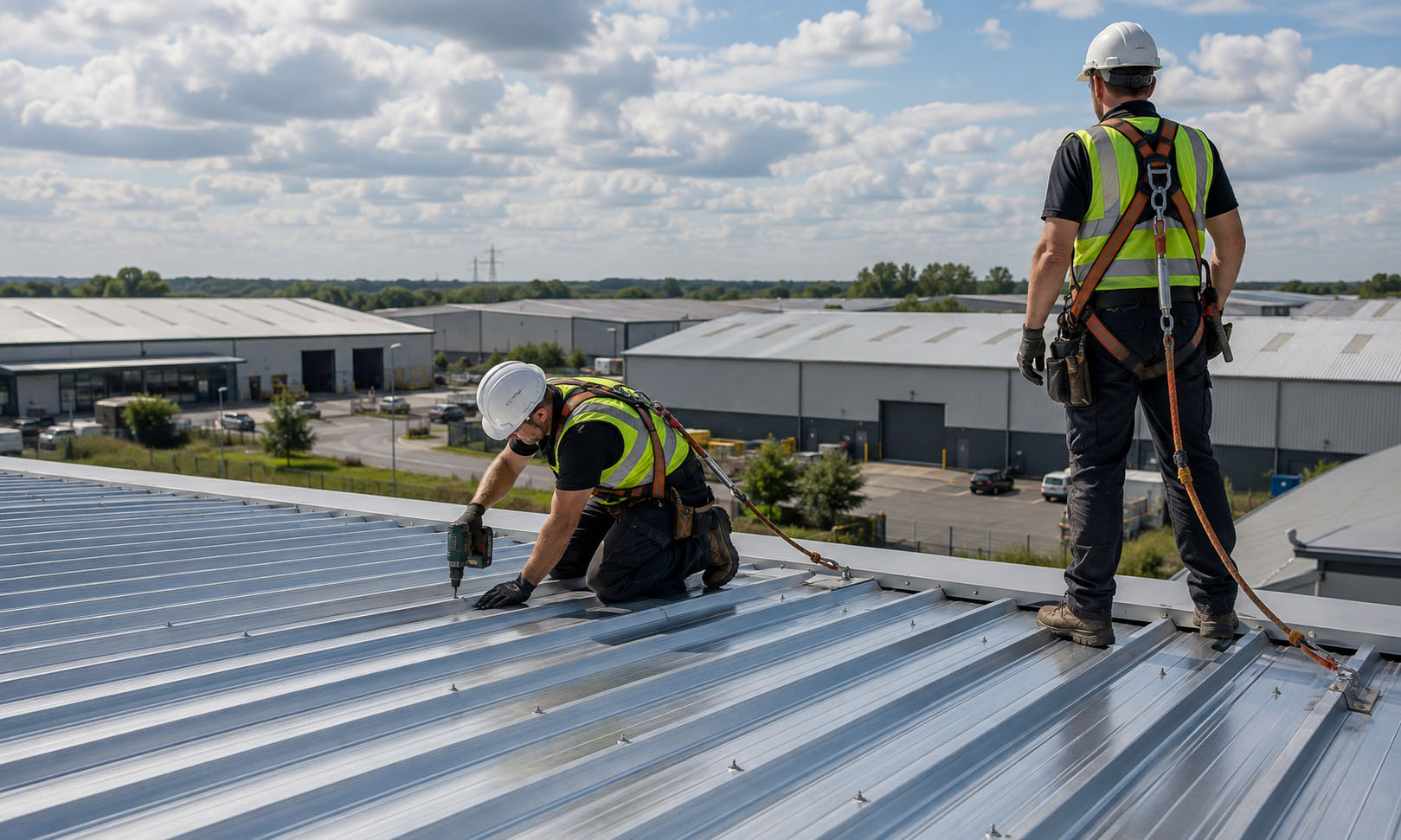 Industrial roofing contractor working on a large metal warehouse roof in Kent
