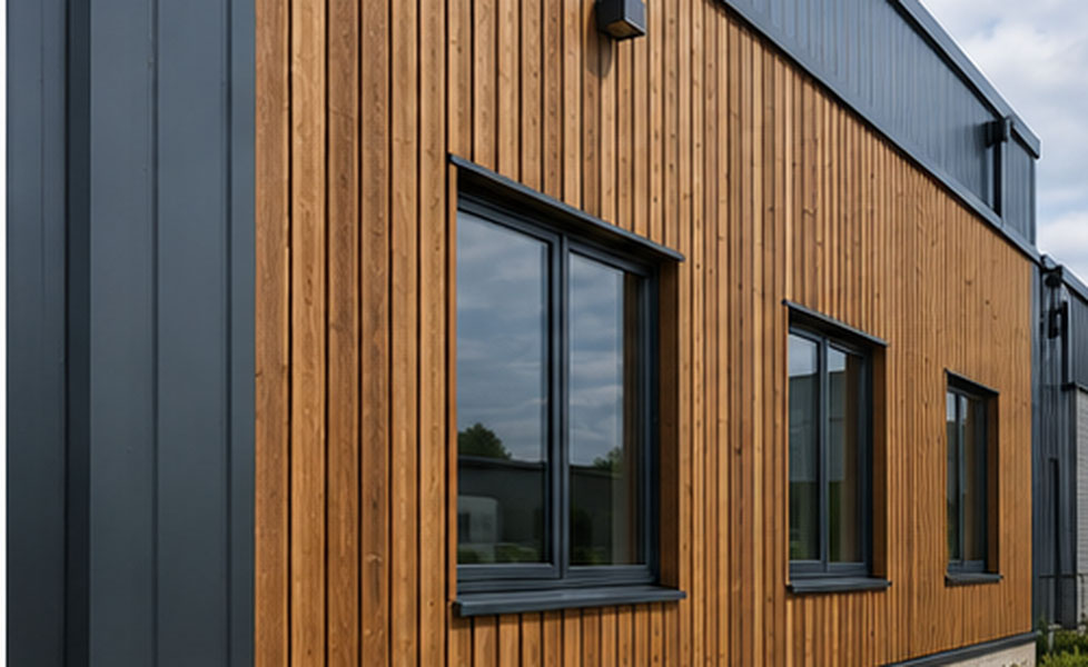 Industrial building in Kent combining timber feature cladding with metal wall panels