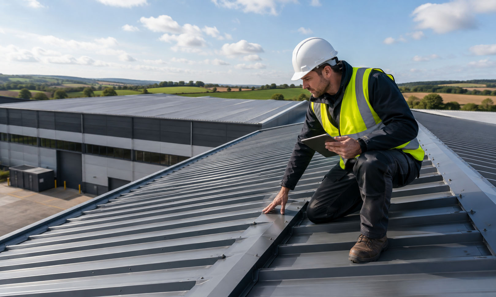 metal-roofing-installation-kent Metal roofing specialist inspecting a commercial industrial roof in Kent