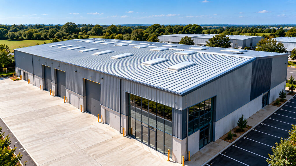 Completed metal roof on a large industrial building