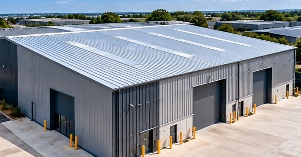 completed-industrial-roof-replacement Completed industrial roof replacement on a modern warehouse building