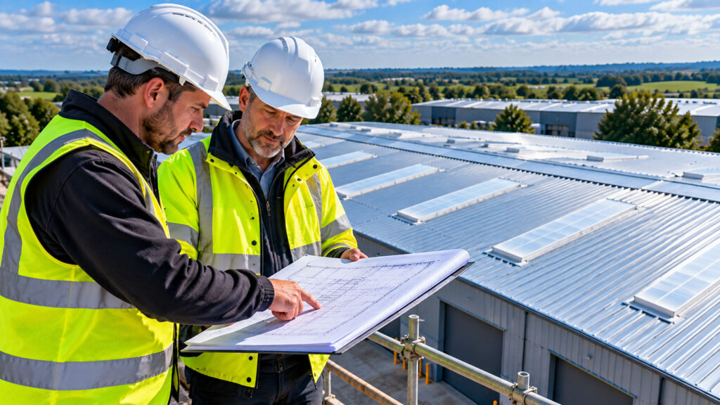 Contractors reviewing industrial roof plans and replacement costs