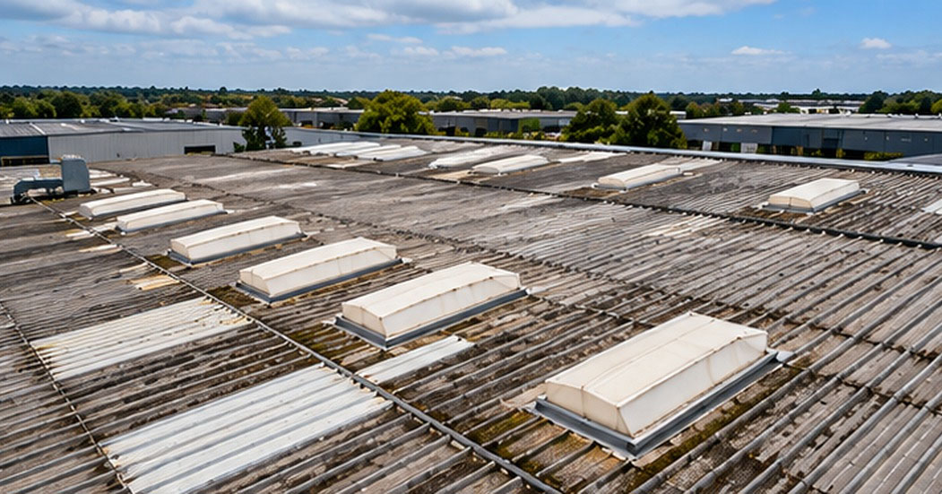Deteriorating industrial roof with worn panels and multiple rooflights
