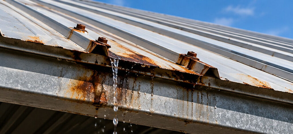 Leaking and corroded metal roof on an industrial building