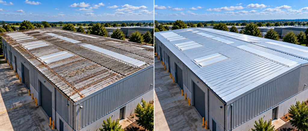 Industrial roof replacement showing an old roof and new metal roofing system