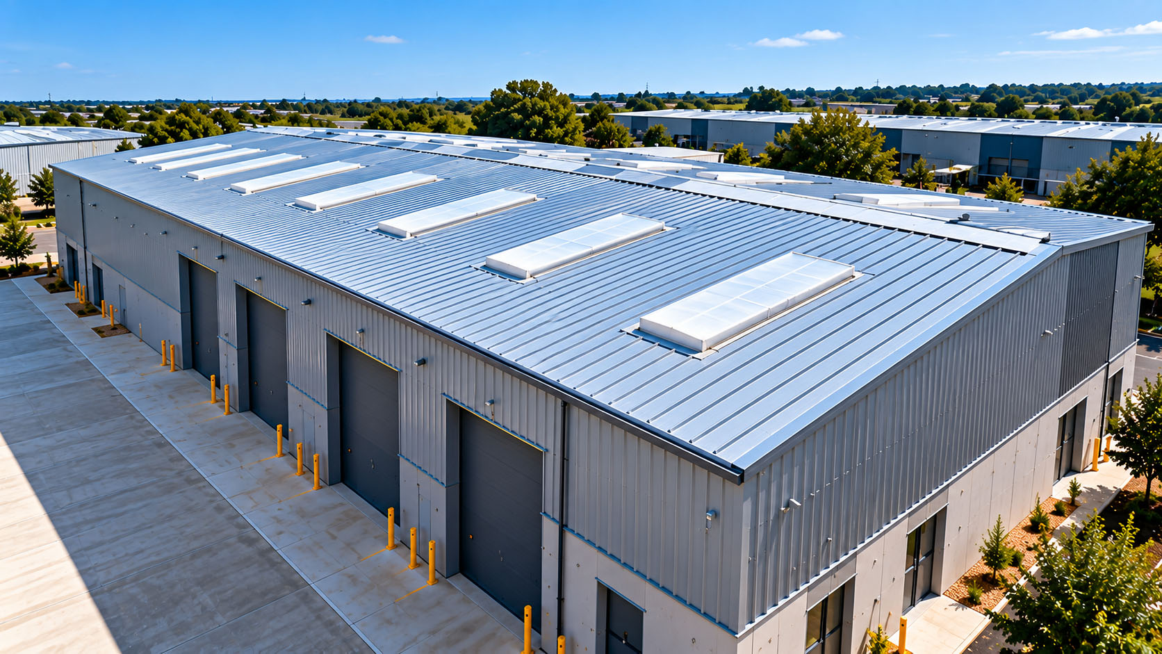 industrial-roof-replacement-cost-overview modern industrial building with new metal roof and rooflights