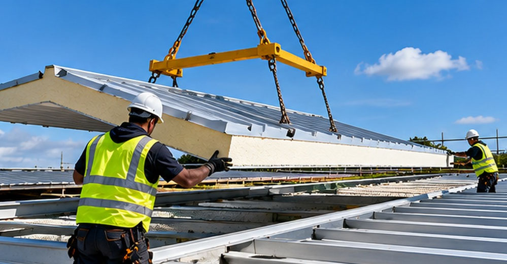 Installation of new insulated roof panels on an industrial building