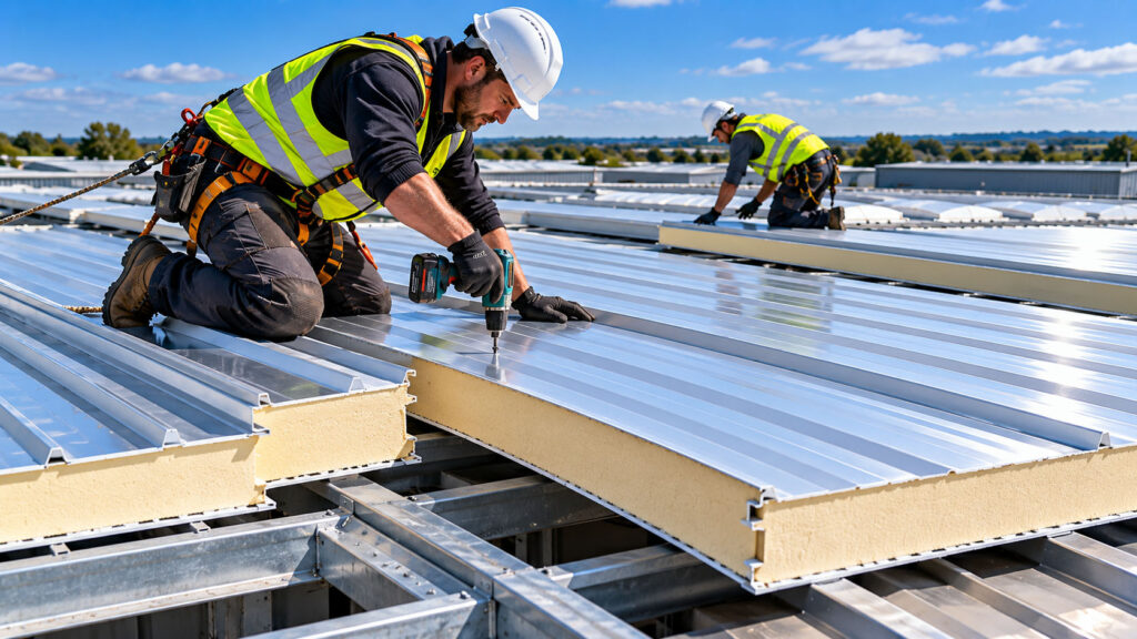 Installation of insulated roof panels on an industrial building