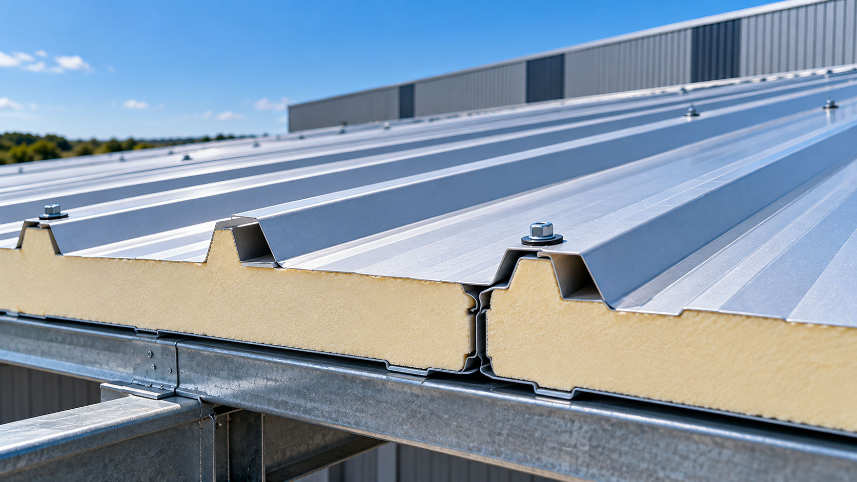 Insulated composite roofing panels for an industrial building