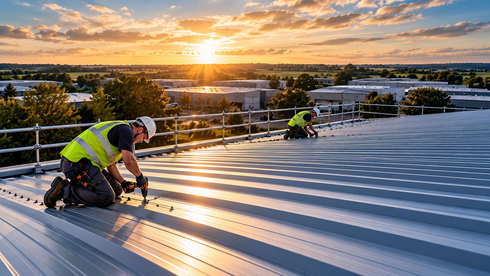 metal-roofing-system-industrial-building Metal roofing system installed on an industrial building